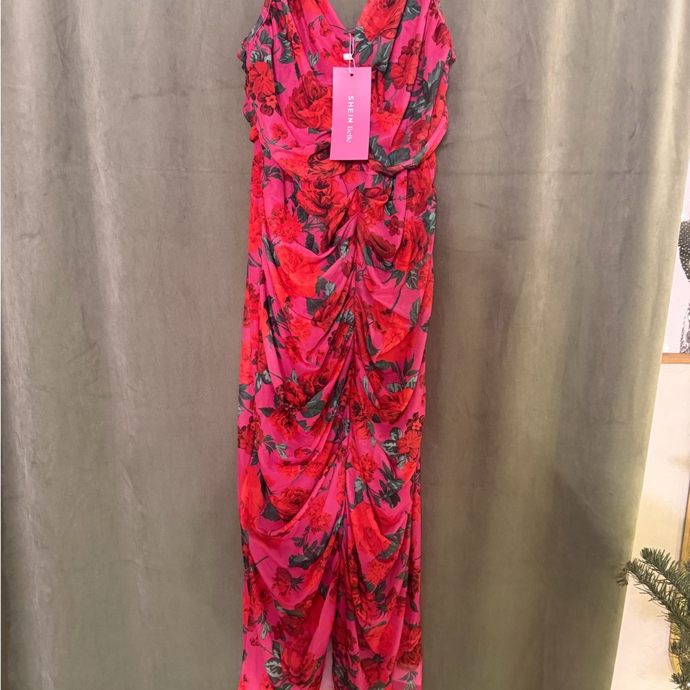 Floral Pink and Red Maxi Dress